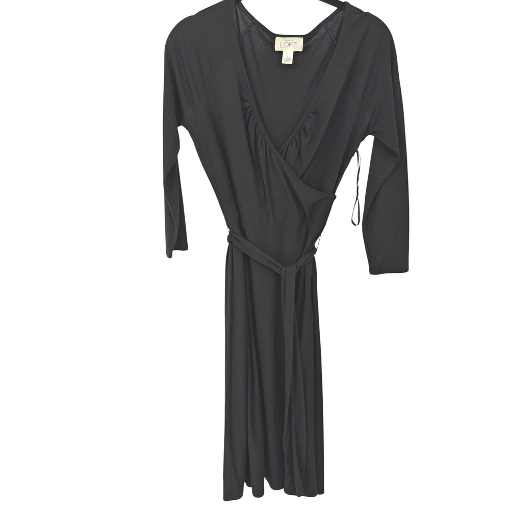 Ann Taylor LOFT Faux Wrap Dress Women 0 Black 3/4 Sleeve Belted V-Neck Classic